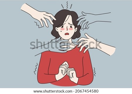 Hands stretched to anxious unhappy scared woman suffer from panic attack. Frightened terrified worried female struggle with psychology mental disorder. Anxiety concept. Flat vector illustration. 