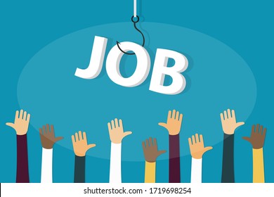 A lot of hands stretching, applying for the same job on a fish hook isolated on blue. Unemployment and  special offers and frauds related with it concept. Eps 10 vector Illustration, flat style, minim