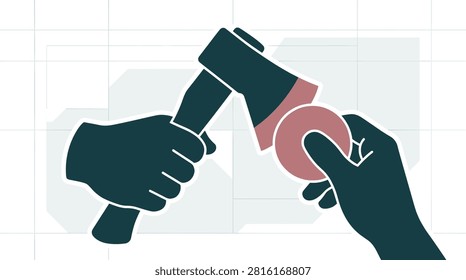 Hands striking a flint with an axe to start a fire in flat two-color silhouette vector ideal for fire starting skill content