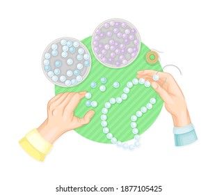 Hands Stringing Beads on Thread as Handmade Craft Vector Illustration