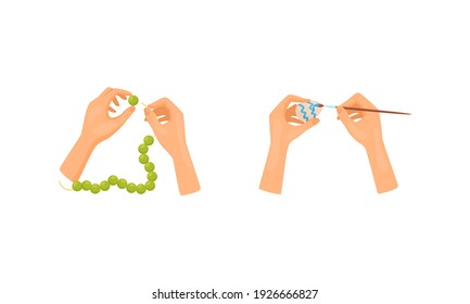 Hands Stringing Beads on Thread and Decorating Easter Egg as Handmade Craft Vector Set