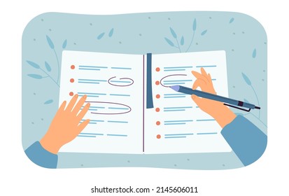 Manos de estudiantes haciendo pruebas o escribiendo en el planificador. Persona escribiendo en un bloc de notas con lápiz y resaltando información de ilustración vectorial plana. Educación, concepto de planificación para la página web de banner o de aterrizaje