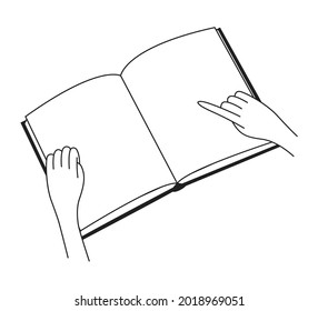 Manos de un estudiante leyendo un libro. Dedo en una línea de un libro. Ilustración en el estilo de contorno