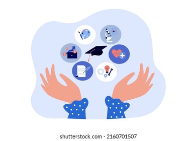 Hands of student and symbols of different university majors. Person choosing college or career direction flat vector illustration. Education concept for banner, website design or landing web page