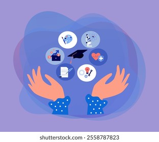 Hands of student and symbols of different university majors. Person choosing college or career direction flat vector illustration. Education concept for banner, website design or landing web page