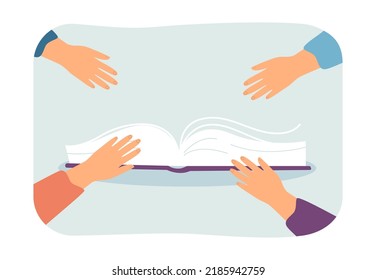 Hands of students or employees reaching for book. People studying textbook or manual flat vector illustration. Education, literature, teamwork, information concept for banner or landing web page