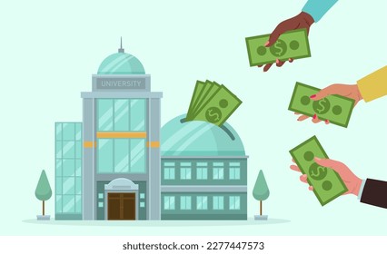 Manos de estudiantes poniendo billetes en el banco de cerdo de la universidad. Moneybox en forma de edificio universitario, la gente pagando cuotas de matrícula ilustraciones vectoriales. Finanzas, educación, concepto de inversión