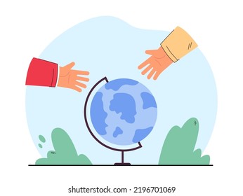 Hands of students reaching for globe. Geography lesson or class or vacation planning flat vector illustration. Geography, education, traveling concept for banner, website design or landing web page