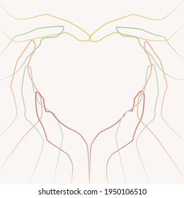 Hände im Stil der Linienkunst in Form eines Herzens. Verschiedene Farblinien. Freundschaft, Liebe, Zusammengehörigkeit, Teamarbeit