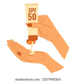 Hands with sun cream. Sunblock, skin protection, skin care products. The importance of using SPF. Sunscreen vector illustration.	