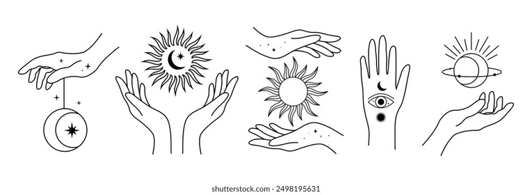 Hands with sun, moon and star icons set. Celestial symbol isolated on a white background.