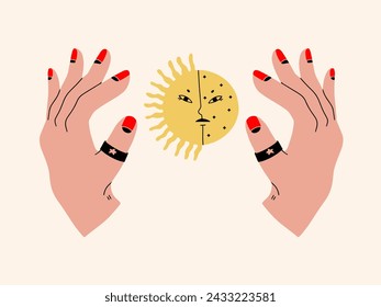 Hands with sun and moon. Vector illustration.
