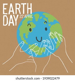 Hands Of Support And Earth Character With Smile. Earth Day Or Save The Earth Concept Poster. Vector Illustration