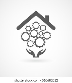 hands support gears mechanism under roof - business conceptual icon