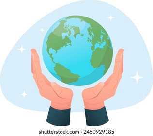 Hands support the globe, the concept of environmental protection on planet Earth. Stock vector illustration