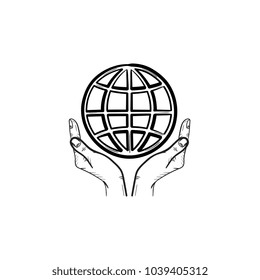 Hands support globe hand drawn outline doodle icon. Green peace concept. Earth care vector sketch illustration for print, web, mobile and infographics isolated on white background.