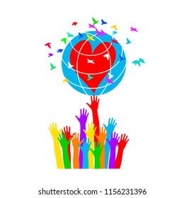 Hands support the globe with hearts surrounded by colorful birds. Symbol of peace.