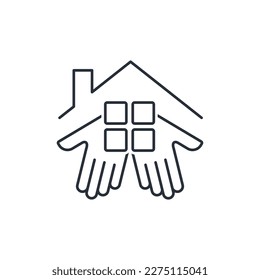 Manos de apoyo a la casa. Ayuda en casa. Icono lineal vectorial aislado en fondo blanco.