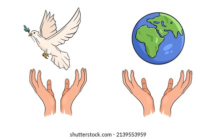 Hands support the planet earth and a flying dove. World peace concept. Men's Day of Peace. Hand drawn.