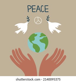 Hands support the planet earth, take care of it with the inscription world day of peace. International Day of Peace, traditionally celebrated annually. Peace in the world concept, nonviolence vector.