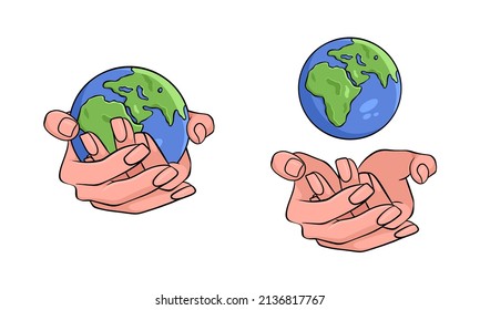 Hands support planet earth. World peace concept. International Day of Peace. Hand drawn.