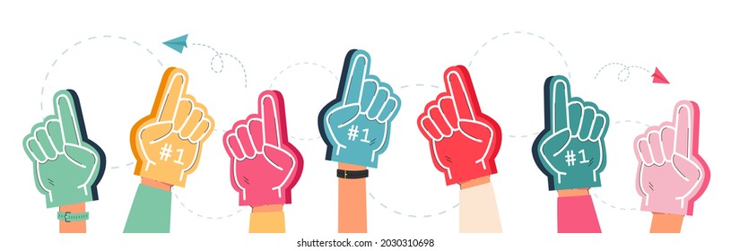 Hands of support team in foam fingers. Group of fans cheering for soccer, football or baseball team flat vector illustration. Sports, competition concept for banner, website design or landing web page