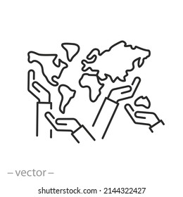 hands support the world icon, global help, community partnership, together work  group, thin line symbol on white background - editable stroke vector illustration