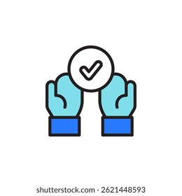 Hands Supporting a Checkmark Icon Symbolizing Teamwork and Business Success in a Professional Setting