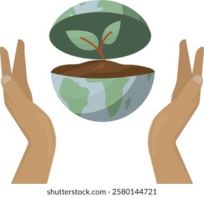 Hands Supporting Earth Globe with Growing Plant Illustration isolated on transparent background. global environmental growth and protection. Earth day concept. Envirmental care. Vector illustration