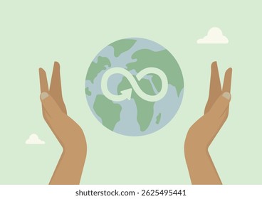 Hands Supporting Earth With Infinity Recycling Symbol. global sustainability and circular economy principles. Circular economy concept. Circular business model. Flat style. Vector illustration