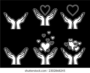 Hands supporting a heart full of hearts, black and white with white border	