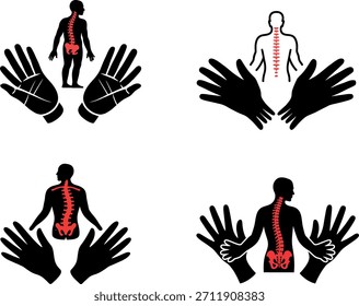 Manos que sostienen la columna vertebral humana y la pelvis para la ilustración del cuidado quiropráctico
