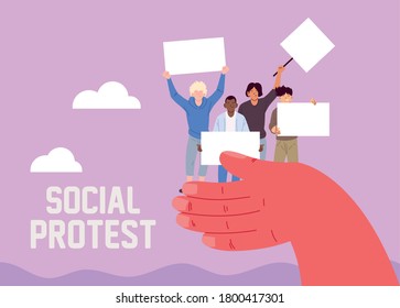 hands supporting men with signs and megaphone at a social protest vector illustration design