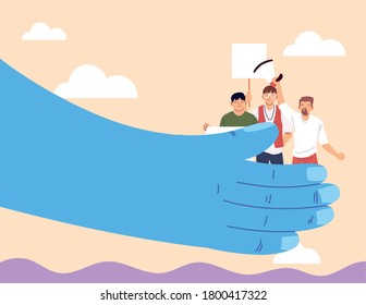 hands supporting men with signs and megaphone at a social protest vector illustration design