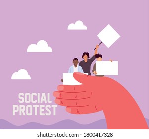 hands supporting men with signs and megaphone at a social protest vector illustration design