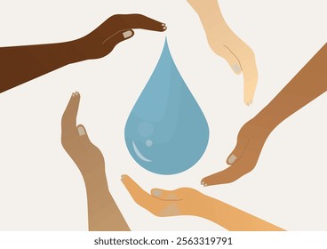 Hands Supporting Water Drop Unity Concept. unity, diversity, and sustainability in water conservation. World water day concept. Vector illustration. Water protection illustration