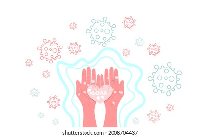 Hands are surrounded by germs, viruses, bacteria. soap foam protects the skin from the penetration of infectious agents. Concept: prevention of coronavirus infection, personal hygiene. Vector flat.