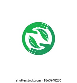 Hands surrounding the leaf. Vector symbol