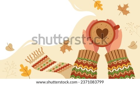 Hands in a sweater holding a cup of coffee.Cozy autumn.Autumn banner with copy space.Vector stock illustration.