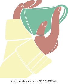 hands in a sweater holding a hot cup of tea