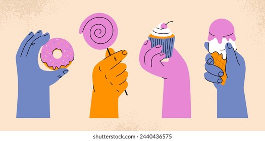 Manos con dulces. Brazos azules y amarillos con rosca, torta y piruleta. Caramelos y productos de pastelería. Pegatinas de medios sociales. Colección de vector plana de dibujos animados aislada sobre fondo beige