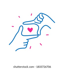 Hands Symbol Fingerrahmen Geste mit Herz. Suche nach Liebeskonzept. Handgezeichnete doodle Vektorgrafik.