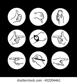 hands symbol forefinger index finger thumb up down time Wrist Watch phone pencil icon button hand drawn set