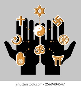 Hands with symbols of different religions for decoration