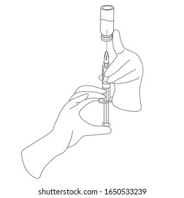 Hands and syringe. The doctor draws the solution from a vial into a syringe to inject the patient. A vaccine against a dangerous disease. Sketch. Vector illustration. Outline on an isolated background