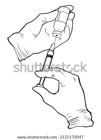 Hands with a syringe injection against coronavirus, monochrome vector illustration