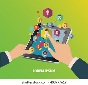 Hands and tablet with business icons. Flat design vector illustration concept.