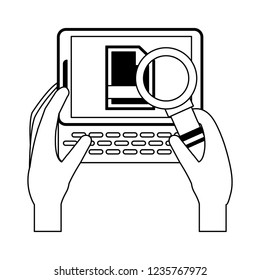Hands with tablet checking document black and white