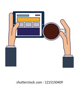 Hands with tablet and coffee cup