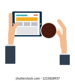 Hands with tablet and coffee cup